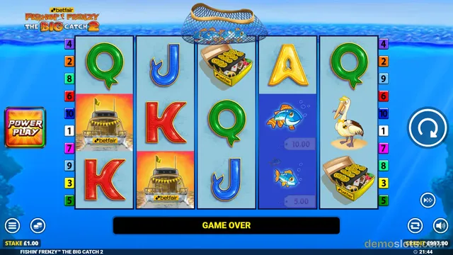 A slot game titled Fishin' Frenzy The Big Catch 2 shows a five-reel, three-row grid with a GAME OVER banner at the bottom.