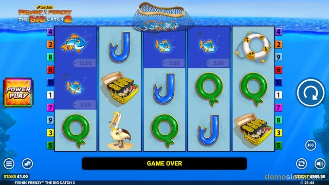 A slot game titled Fishin' Frenzy The Big Catch 2 shows a 5-reel grid with a GAME OVER banner at the bottom, set against an underwater background.