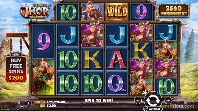 A screenshot of the video slot game Power of Thor Megaways showing a settled 6-column reel grid with various symbols and a 'Buy Free Spins' button on the left.