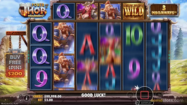 A screenshot of the Power of Thor Megaways slot game showing a 6-reel grid with a mix of settled and spinning symbols against a snowy landscape background.