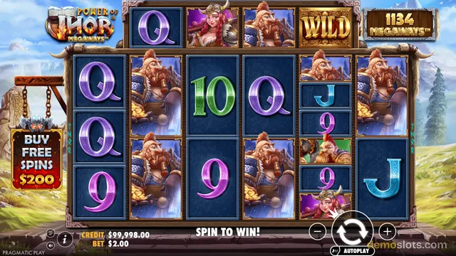 A screenshot of the 'Power of Thor Megaways' slot game displaying a 5-reel grid with various symbols and a 'SPIN TO WIN!' message.