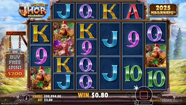 A fully rendered slot game screen for Power of Thor Megaways displaying a grid of symbols, a win amount, and player controls.