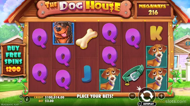 A slot machine game grid titled 'The Dog House' displaying dog-themed symbols and letter tiles on a wooden background.