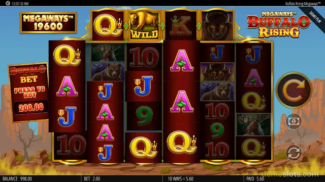 A fully rendered frame of the Buffalo Rising Megaways slot game displaying a settled grid of symbols with a win of 5.60.