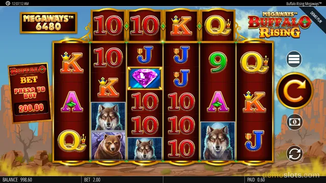A fully rendered screen of the Buffalo Rising Megaways slot game displaying a 6-reel grid with a 'Megaways 6480' counter and a 'Buffalo Bet Press to Buy' button on the left.