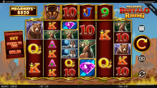 A fully rendered slot game screen showing a 6-reel grid with animal and card symbols against a canyon background.