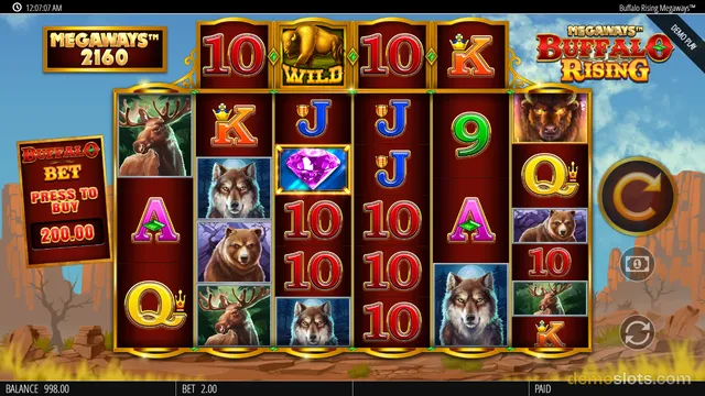 A fully rendered slot game screen for Buffalo Rising Megaways showing a 5-reel grid with animal symbols and playing card values, set against a canyon background.