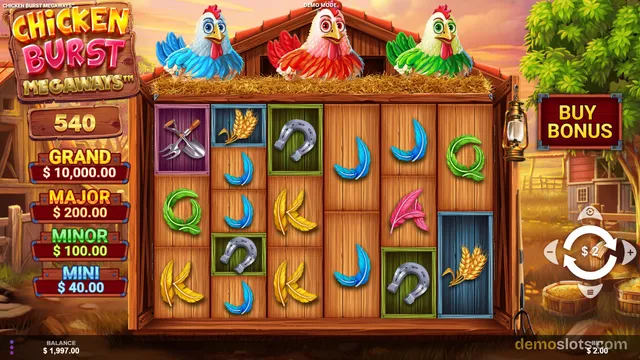 A screenshot of the Chicken Burst Megaways slot game showing a 6-column grid of symbols including chickens, horseshoes, and feathers.