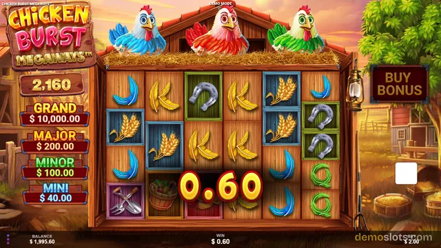 A brightly lit slot game screen for Chicken Burst Megaways showing a 6x4 grid of symbols inside a wooden chicken coop at sunset, with a win of $0.60 displayed at the bottom.