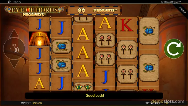 A fully rendered slot game grid titled Eye of Horus Megaways shows 6 reels with Egyptian-themed symbols, a bet of 1.00, and a credit of 998.00.
