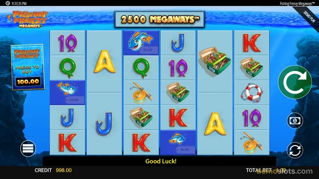 A 6-reel slot game grid showing fishing-themed symbols with a Megaways counter and a green spin button.