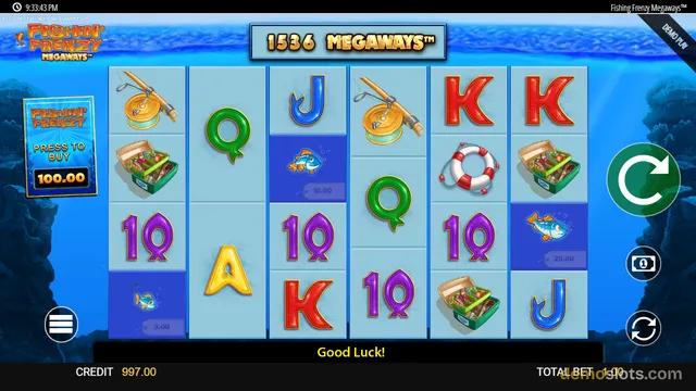 A bright slot game grid with 6 reels showing fishing-themed symbols, with a Megaways counter at 1536 and a Good Luck message at the bottom.