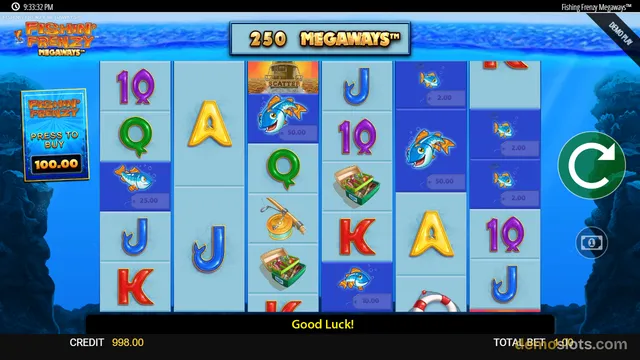 A Fishing Frenzy Megaways slot game shows a six-reel grid with fish, letters, and symbols, with a 250 Megaways banner at the top and a spin button on the right.