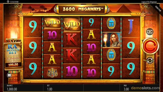 A settled base-game screen of Legacy of Ra Megaways displaying a 6-column, 4-row grid of symbols including Wilds, a female character, a scarab, a torch, and playing-card values against an Egyptian-themed background.
