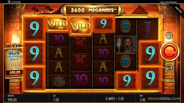 A slot game screen titled 'Legacy of Ra Megaways' displays a 6-reel grid with various symbols and a '3600 Megaways' banner above.