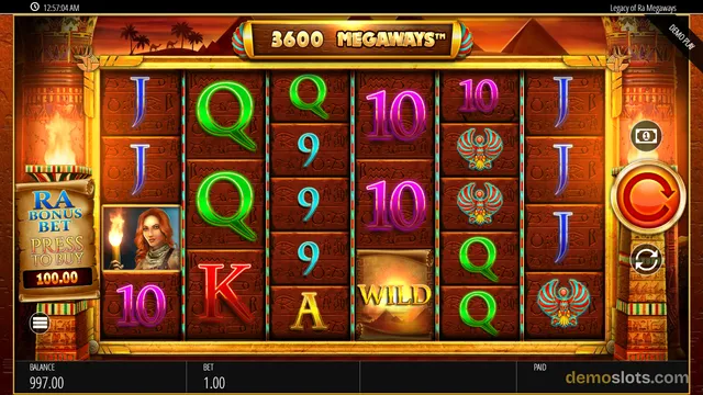 A settled 6-reel, 4-row slot grid in an ancient Egyptian theme displays a mix of card letters, a female character, and a scarab symbol, with a '3600 Megaways' banner above the reels.