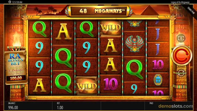 A fully rendered screen of the Legacy of Ra Megaways slot game showing a 6x4 grid of Egyptian-themed symbols with a '48 MEGAWAYS' counter at the top.