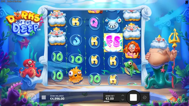 A 5x5 slot game grid titled Dorks of the Deep is fully rendered with cartoon underwater characters and symbols, showing a base game state with a demo balance and bet displayed below.