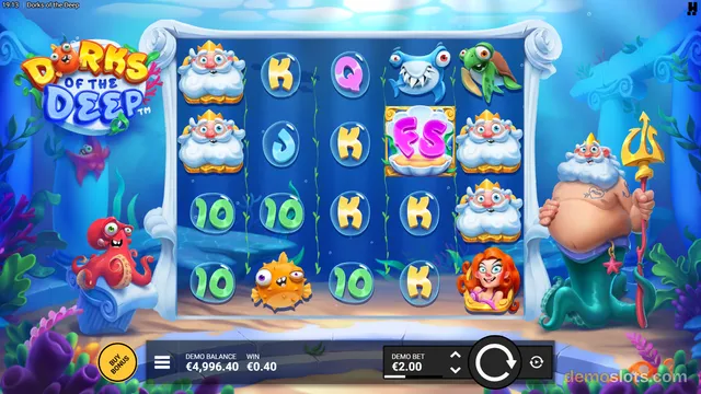 A 5-reel, 4-row underwater-themed slot game titled Dorks of the Deep shows a fully rendered base game grid with various cartoon characters and letter symbols.