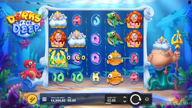 A 5x4 slot game grid titled Dorks of the Deep shows cartoon underwater characters and symbols, with a win of 0.60 displayed on a line through the middle row.