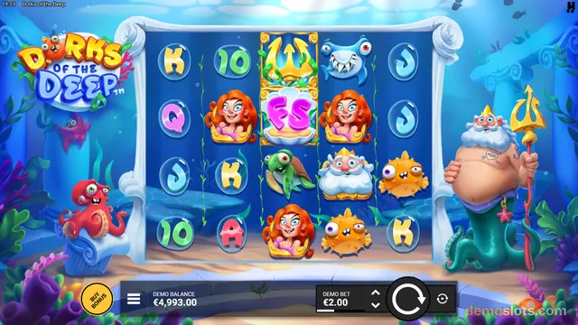 A 5x4 slot game titled Dorks of the Deep shows a fully rendered underwater scene with a mermaid, a sea king, and various sea creature symbols on the reels.