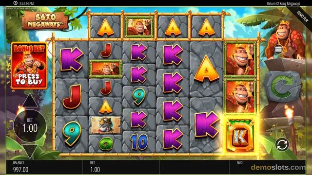 A 6-row by 5-column slot game grid displays a mix of playing card symbols and cartoon gorilla characters against a jungle background.
