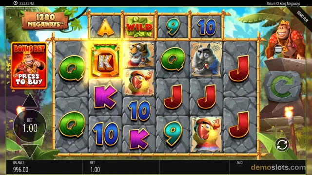 A fully rendered screenshot of the Return of Kong Megaways slot game showing a 6-reel grid with various symbols and a glowing winning combination on the left side.