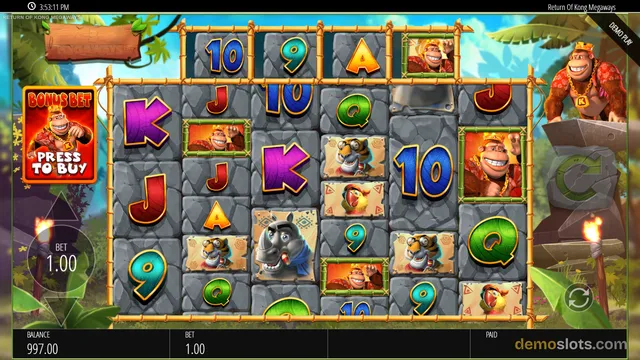 A screenshot of the Return of Kong Megaways slot game displaying a 6-column grid of symbols including playing cards, a King Kong character, a tiger, and a hippo on a stone background.