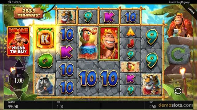 A fully rendered screen of the slot game Return of Kong Megaways showing a 6x5 grid of symbols with a balance of 995.50 and a paid amount of 0.50.