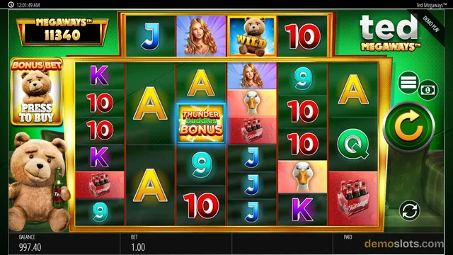 A slot game screen for Ted Megaways showing a 6-column grid with various symbols and a large Ted bear character on the left.