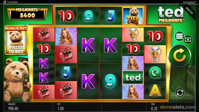 A fully rendered slot game screen for Ted Megaways showing a 5-reel grid with various symbols, a large teddy bear mascot on the left, and a bet control panel at the bottom.