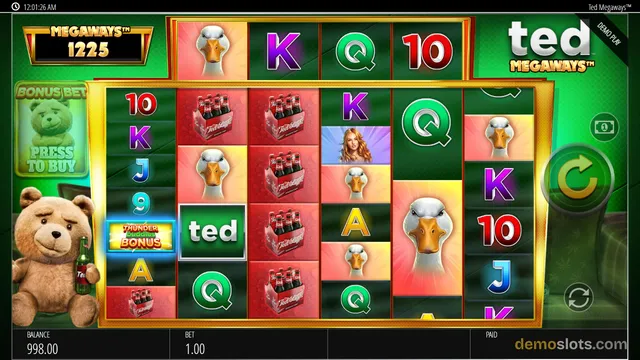 A brightly lit slot game screen for Ted Megaways showing a 6-column grid of symbols with a large teddy bear mascot on the left.