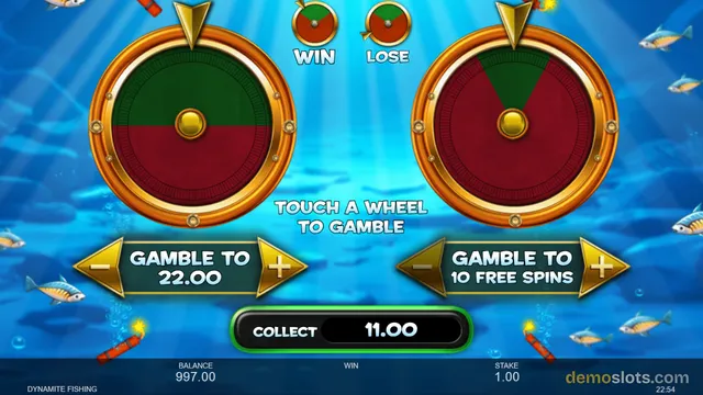 A gamble feature screen showing two large golden wheels against an underwater background, with text instructing to touch a wheel to gamble.