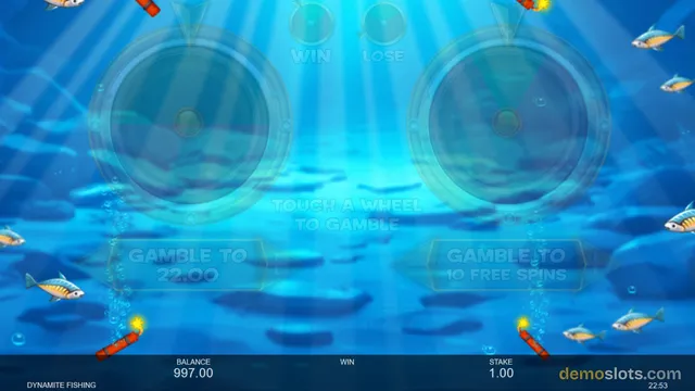 Underwater scene with two large circular wheels and text overlays offering gamble options.