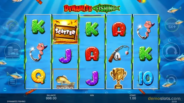 A 5-reel slot game titled Dynamite Fishing shows a settled base game grid with symbols including a scatter sign, fishing hooks, and playing card letters.
