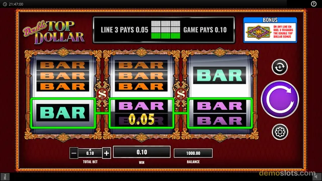 A 3-reel slot game titled Double Top Dollar shows BAR symbols on the reels with a winning line highlighted in green.