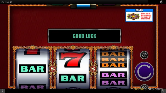 A classic-style slot game shows three reels with BAR symbols and a red seven, with a GOOD LUCK message above them.