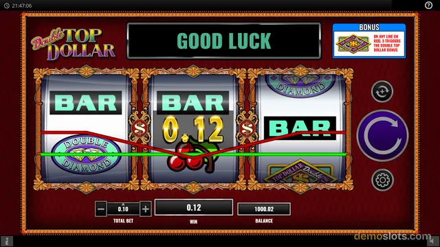 A 3-reel slot game titled Double Top Dollar shows a winning payline with BAR symbols and a cherry symbol, with a win of 0.12 displayed.