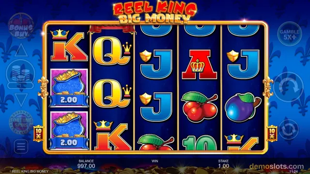 Screenshot of Reel King Big Money slot game showing a 5x3 reel grid with various symbols and a blue background with gold accents.