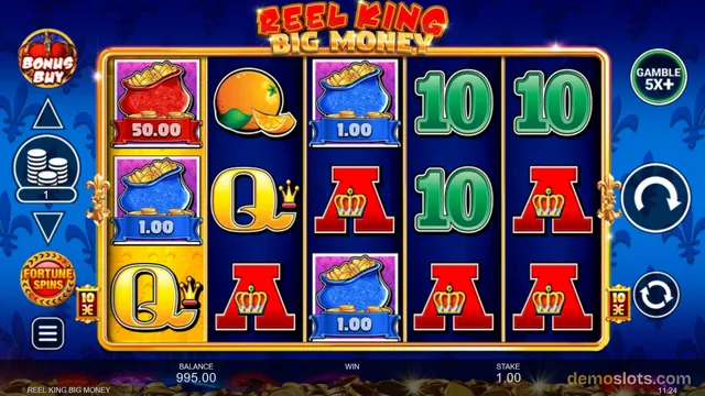 A 5x3 slot game grid titled REEL KING BIG MONEY shows a settled spin with gold-framed reels and various coin-filled pots and royal symbols.