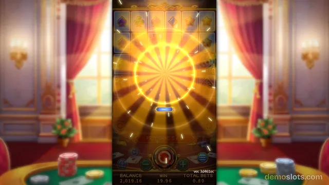 A slot game is in progress with a glowing golden wheel overlay on the reels, showing a free games bonus round in a luxurious casino setting.