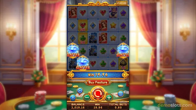A 5x5 slot game grid is shown with various symbols including gemstones, card suits, and character icons, with three diamond scatter symbols visible and a win of 19.96 displayed below the grid.