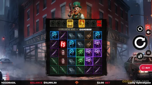 A slot game screen showing a 5x5 grid of zombie-themed symbols set against a rainy street background with a pub named Ryan's Pub.