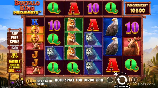 A settled base game of Buffalo King Megaways shows a 6-reel grid with symbols including buffalos, eagles, cougars, wolves, moose, and card ranks, with a Megaways counter reading 10500.