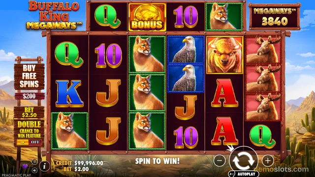 A settled base game grid of Buffalo King Megaways with a 3840 megaways counter, showing a mix of animal symbols and card letters.