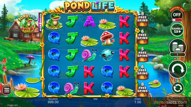 A 5x5 slot grid titled POND LIFE displays frog, lily pad, snail, mushroom, and letter symbols on a blue pond background.