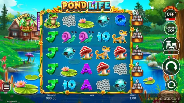 A 5x5 slot grid titled POND LIFE shows cartoon pond creatures and letters on a blue background, with a balance of 998.00 and stake of 1.00.