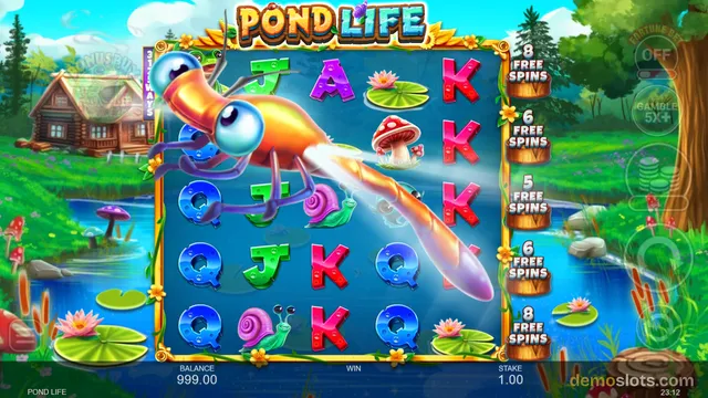 A 5x4 slot grid titled POND LIFE shows a large orange and blue dragonfly superimposed over the reels, with various pond-themed symbols and a side panel listing free spins values.
