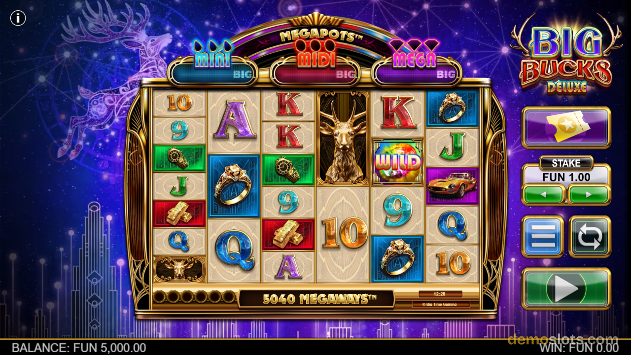Big Bucks Deluxe Megapots game with antler/deer theme showing 5040 Megaways grid with card symbols and premium icons.
