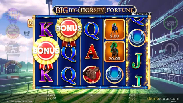 A slot game grid shows a blue reel area with symbols including BONUS badges, K, Q, A, J letters, horses, and a horseshoe, with a racetrack background and a balance of 997.00.